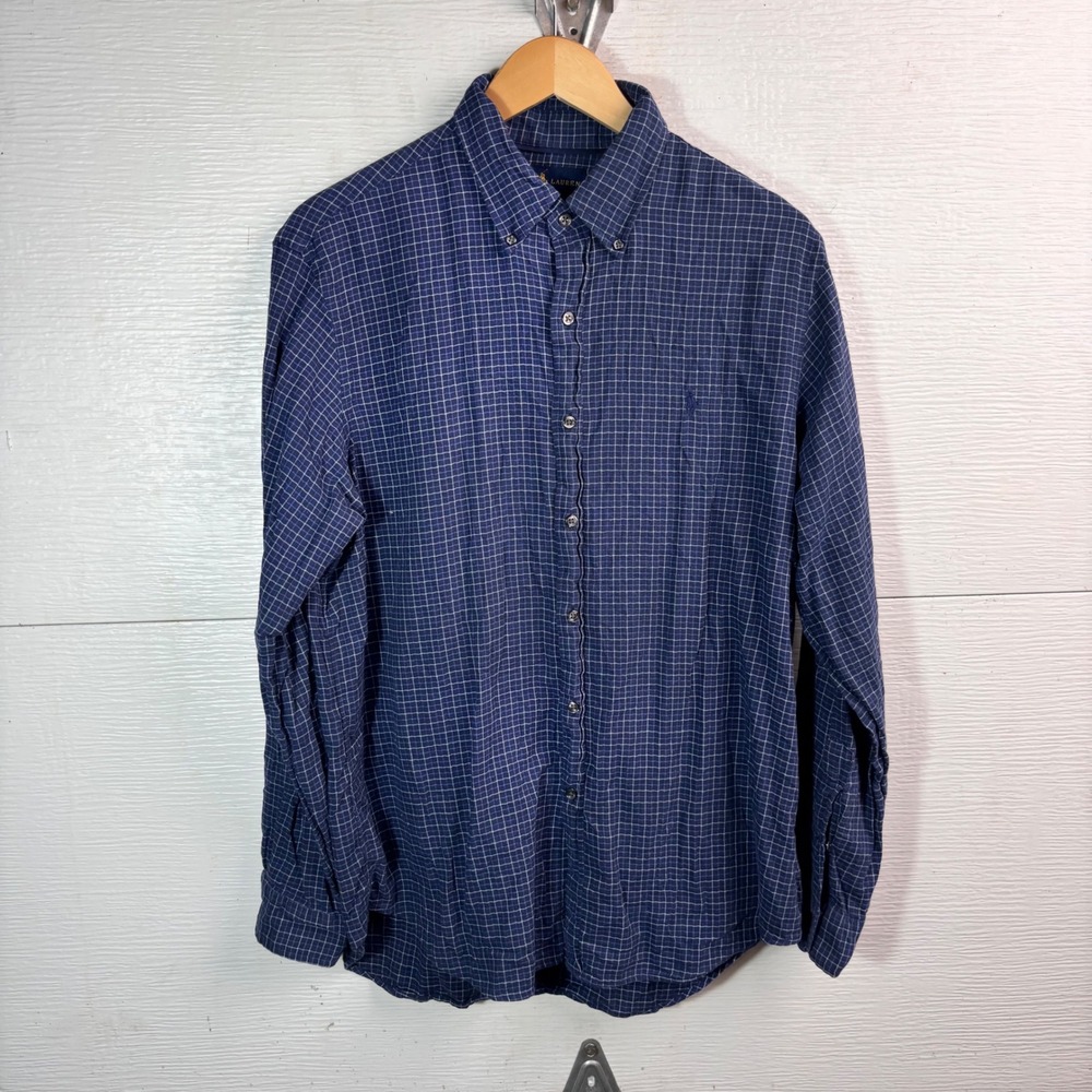 Ralph Lauren Classic Fit Navy Blue Check Button Down Shirt Large